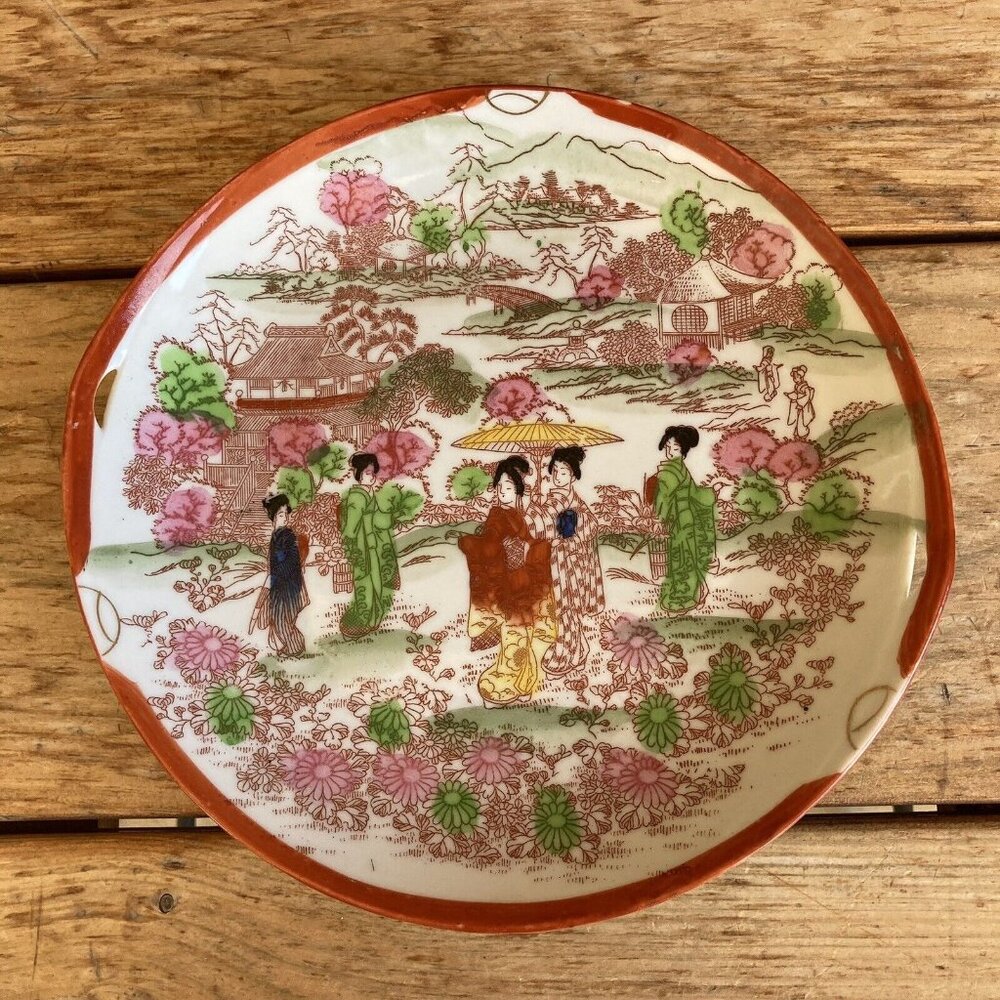 Vintage Plate Geisha Design Hand Painted Serving Dish 1930-40’s Red Rim Japanese
